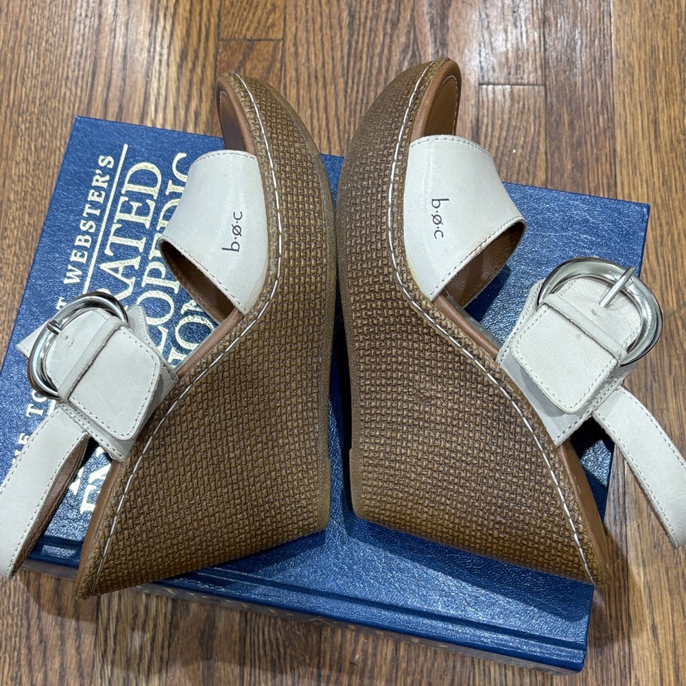 boc Cream Leather Wedge Sandals with Oversized Silver Buckle - Picture 8 of 14
